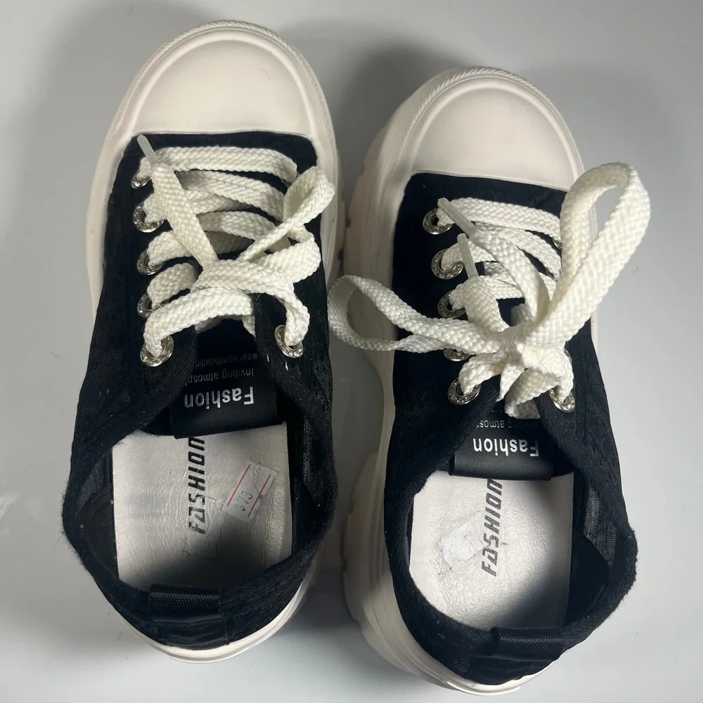 Womens Black White Platform Sneakers Chunky Sole Lace Up‎ Fashion Shoes